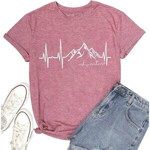 🆕Women Pink Cotton Blended Graphic T-Shirt Mountain Adventure Hiking